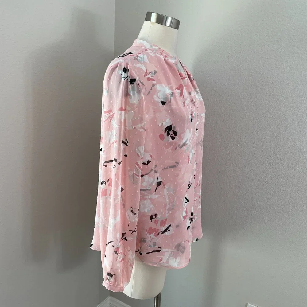 White House Black Market Womens 14‎ Petite Floral Blouse Long Sleeve V Neck Pink